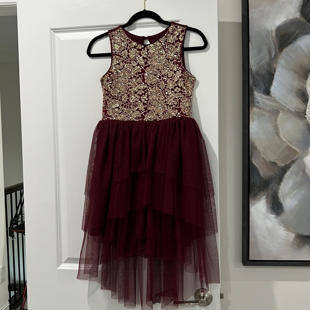 Zunie Burgundy and Gold Embroidered Formal Girls Dress